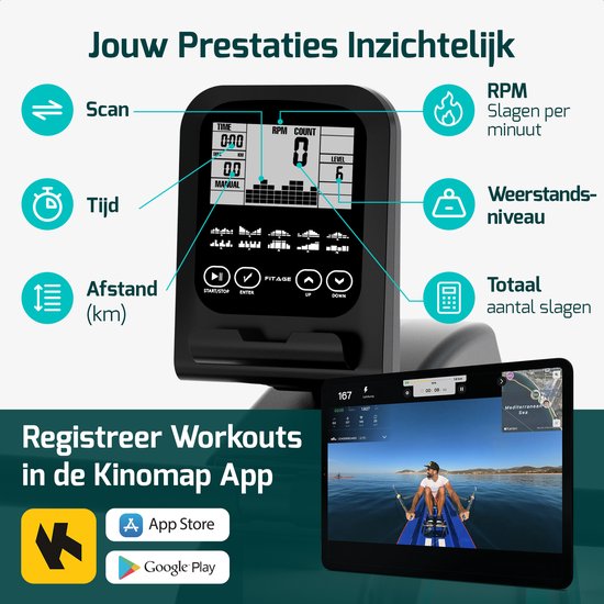 FITAGE Roeitrainer - Roeimachine 16 Weerstandniveaus - Roeiapparaat met Trainingsprogrammas en App - Roeitrainers - Inklapbaar