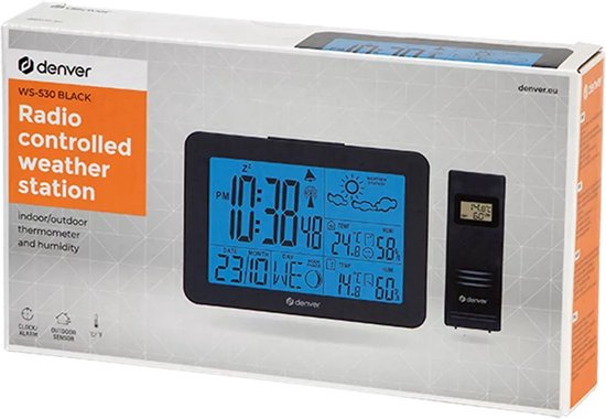 Denver WS-530 Black - Weerstation met alarmfunctie - Binnen- en Buitenshuis - Luchtvochtigheid meter - Indicator voor openstaande ramen - Zwart