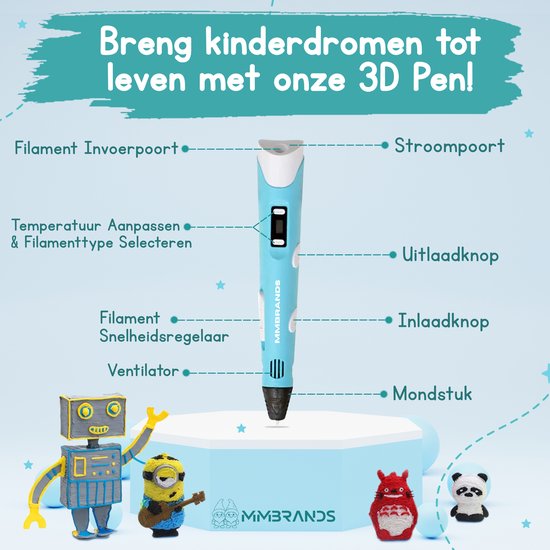 MM Brands 3D Pen Starterspakket - Inclusief 100m Filament in 10 Kleuren - Extra Lange Laadkabel - Geschikt voor ABS & PLA Filament - Blauw