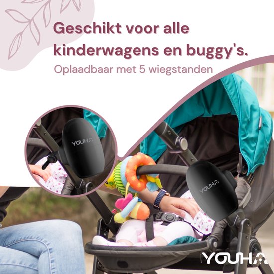 Youha Baby Rocker – Automatisch je kinderwagen of buggy wiegen - Handen vrij van het wiegen - Rocker voor kinderwagen - Slaaphulp baby - 5 wiegstanden - Inclusief opbergtasje & oplaadkabel - kleur: zwart