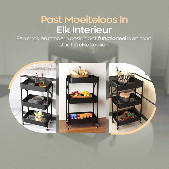O'DADDY® Keukentrolley Inklapbaar - 3 Lagen - Serveerwagen Op Wieltjes - Keuken Trolley - Roltafel - Opbergtrolley - Opbergkar - Keukenrek - Zwart