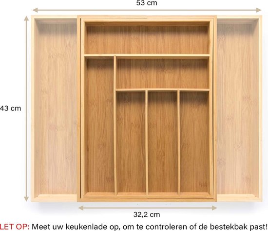 Budu Uitschuifbare Bamboe Bestekbak #43 (43 cm diep) - Bestekcassette Hout - Besteklade - 43 x 32,2 - 53 cm - 6/8 vakken