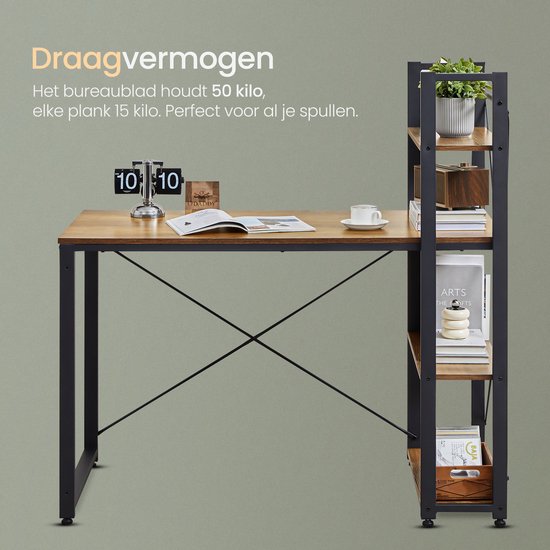 O'DADDY® Bureau met Verstelbare Voeten - Bureautafel - Computertafel - Game Bureau - Gaming Desk Klein - Bureaublad Meubel - 120 x 60 cm - Boekenrek - Computerbureau - Bruin