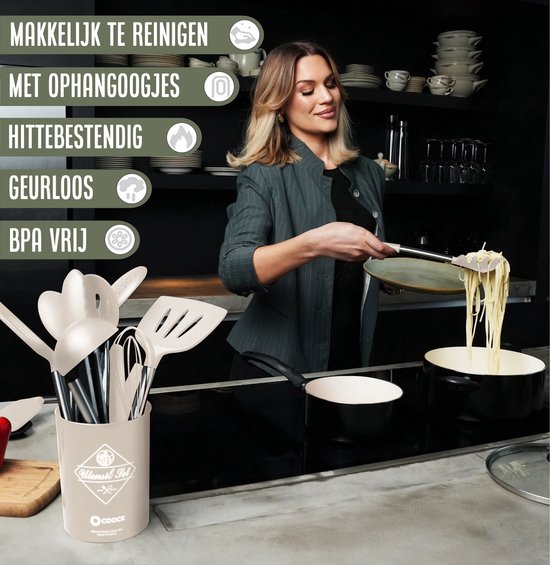 COOCK Siliconen Keukengerei Set met Houder XL - Kookgerei Set 26 delig - BPA-Vrij & Plastic Vrij - Ophangbaar - Incl. Opener - Beige