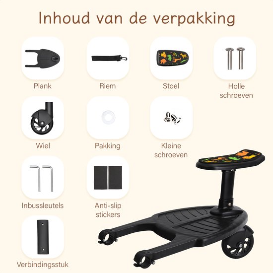 Safari meerijdplankje - Single Wheel - Voor Horizontale As minstens 23 cm - Diameter max. 2,5 cm - Zwart Kunststof & Metaal - Wendbaar & Universeel - Ideaal voor Peuters