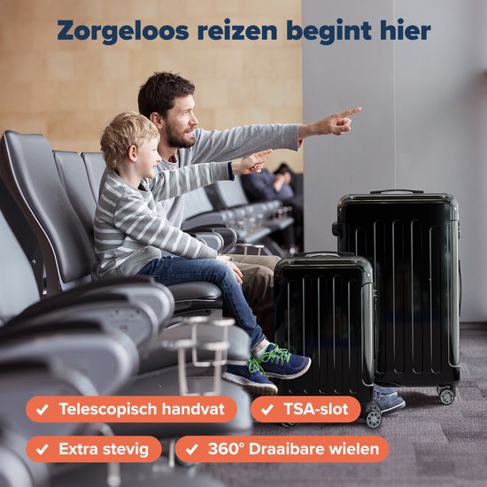 TRVLMORE Kofferset - 2 Delig - 45L Handbagage + 115L Ruimbagage - TSA Slot - Lichtgewicht - Reiskoffer Set - Trolley - Zwart