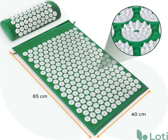 Loti Spijkermat met Spijkerkussen – Donkergroen/Wit – Acupressuur Mat - Spijkerbed - Acupunctuur Kussen - Shakti Massage – Incl. Draagtas