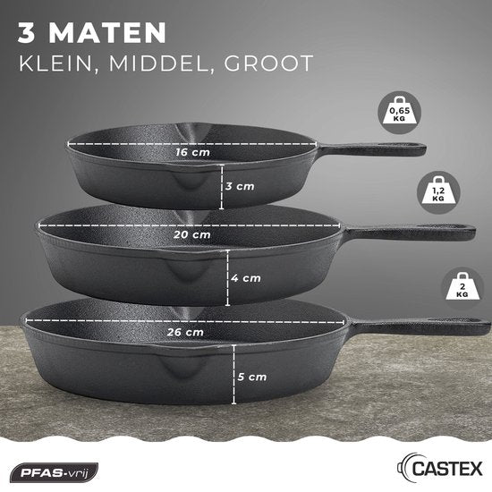 Castex Gietijzeren Pan Tri-Set - Cast Iron Skillet - Koekenpan - Koekenpannen - Koekenpannenset - BBQ - Pannen - Pannenset - Inductie