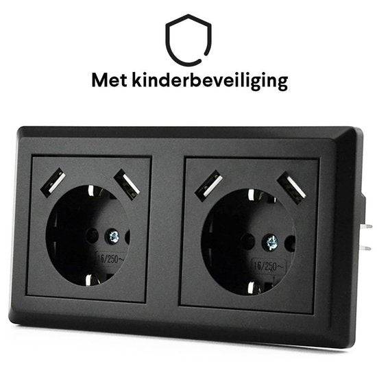 Homra Brock Dubbel USB Stopcontact Zwart - Inbouw Wandcontactdoos - Glanzend Kunststof - Zwarte Wanddoos - Contactdoos - 5.600mA - 220 volt - USB Oplader - Snel Opladen - Fast Charge - Randaarde - 80x80mm
