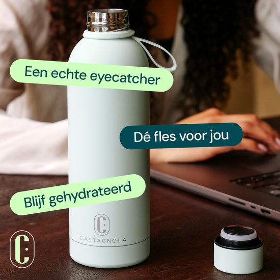 Castagnola Waterfles - RVS Drinkfles 500 ML - Stalen Thermosfles - Drinkflessen voor Volwassenen - Dubbelwandig - Lichtgroen