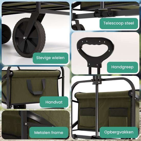 Avalo Bolderkar Opvouwbaar - Tot 110KG draagvermogen - 120L - 91x51x103 CM - 360º Wielen - Bolderwagen / Bolderkarren / Strandkar / Trekkar / Plooibare Bolderkar - Voor Strand - Groen
