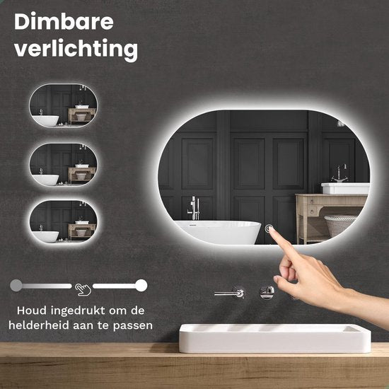 Mirlux Badkamerspiegel met LED Verlichting & Verwarming – Wandspiegel Ovaal – Anti Condens Douchespiegel - 90x60CM