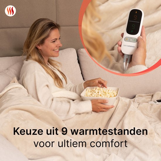 Seranova Elektrische Deken XXL - Extra Warmtedraden - Premium Model - 180x160 cm - 2 persoons Warmtedeken - Dubbelzijdig Fleece Sherpa - Crème beige