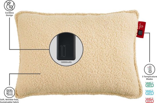 Feel Home - Verwarmend Kussen - Teddy - Gebroken wit 45x60cm - met 10000mAh Power bank