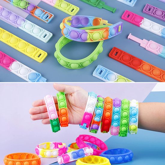Partizzle 24x Fidget Toys Pop It Armbanden Pakket - Armbandjes Uitdeelcadeautjes - Grabbelton Traktatie Cadeautjes - Voor Kinderen & Peuters