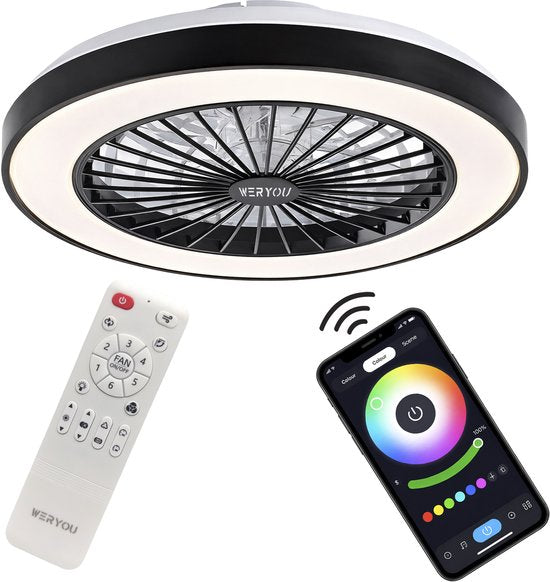 WERYOU® illuminAIR Ceiling Fan - Ceiling Light - Ceiling Fan with Lighting - Ceiling Fixture - Fan Lamp - Tuya Wifi Smart - RGB Led Lamp - Ceiling Lamp - Incl Remote Control - Dimmable - ⌀56CM