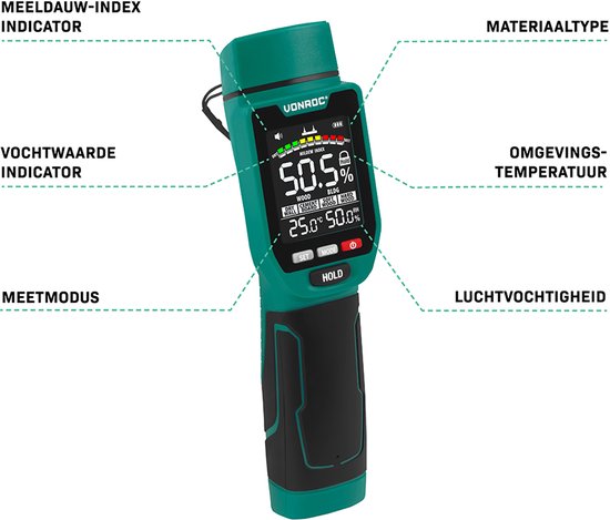 VONROC PRO Vochtmeter – Dubbele meetfunctie: invasief (met pinnen) en non-invasief (met sensor) – geschikt voor hout en bouwmaterialen - multicolor LCD scherm