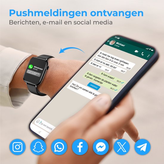 Nuvance - Smartwatch Heren & Dames met Bluetooth - IP68 Waterdicht - Geschikt voor alle Smartphones - Stappenteller en Hartslagmeter - Zwart