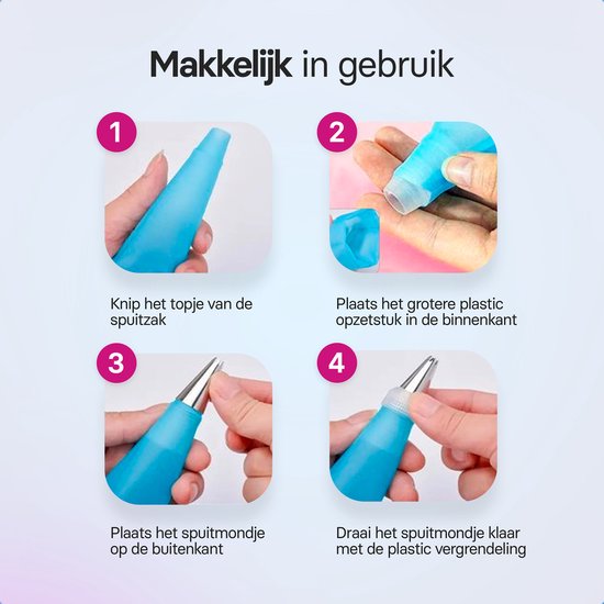 Spuitzak met spuitmondjes | Herbruikbaar | 24 spuitmondjes | blauw