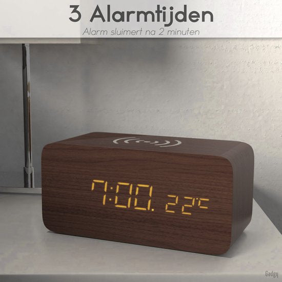 Gadgy Digitale Wekker met Draadloze Oplader - Houten Wekker met Eco Stand - Alarmklok met Temperatuur Datum en Tijd - Cadeau voor Vrouw en Man