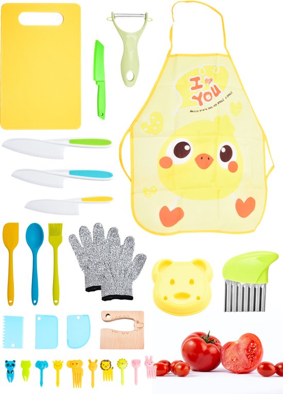 Nuvance - Kindermessenset - 17-Delige Kookset - Kiddikutter - Kinderbestek met Snijplank, Schilmesje, Kindermes, Frietsnijder & Kookschort - Kiddicutter - Koken voor Kinderen - Keukengerei