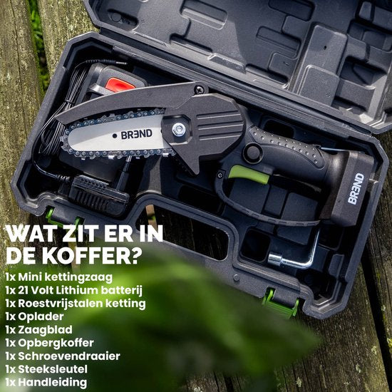 BREND BR-2236 Elektrische Mini Kettingzaag met Accu en Opbergkoffer – Draadloze Snoeizaag voor Takken en Stammen – 20 Min Zaagtijd – Zwart