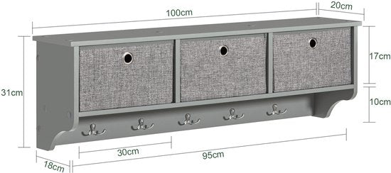 SoBuy FRG282-HG-FSC Wandkapstok - Grijze Wandplank met Manden & Haken