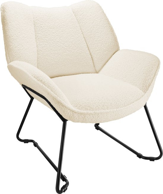 tectake® Loungefauteuil - Ronde relaxfauteuil - Teddyfauteuil - Gestoffeerde stoel - Bouclé bekleding - Leesfauteuil van pluche - Scandinavische stijl - creme wit