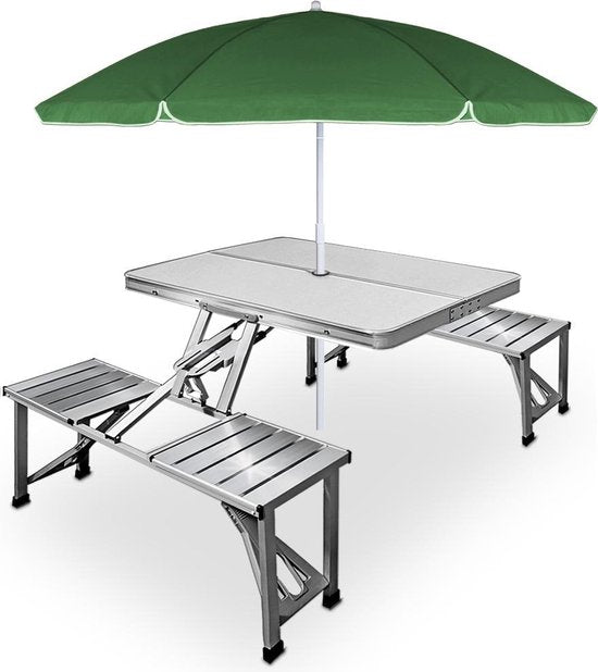 Picknick tafel Campingtafel - Blad van hout en zitting aluminium - voor 4 personen - Wit - 85,5 x 67,5 x 66cm