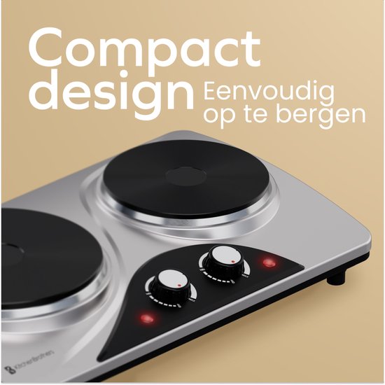 KitchenBrothers Elektrische Kookplaat - 2 Pits - Vrijstaand - 7 temperatuurstanden - 1500W + 1000W - RVS/Zwart