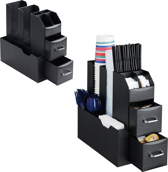 BRASQ Koffie en Thee Organizer Zwart – Ruimtebesparende Keukenorganizer met 9 Vakken & 2 Lades - Koffie Station