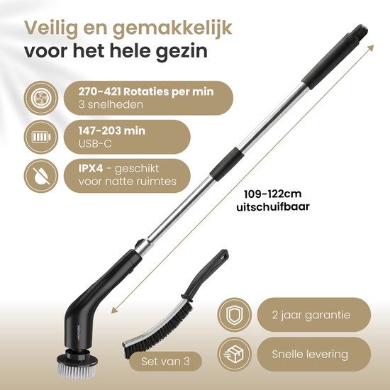 Vapore Elektrische Schoonmaakborstel - 14 Opzetstukken + Voegborstelset - 421 RPM Motor - 3 Snelheden - 118cm Uitschuifbare Steel - 3M Wandhouder - Poetsmachine - Schrobborstel - Voor Badkamer & Keuken