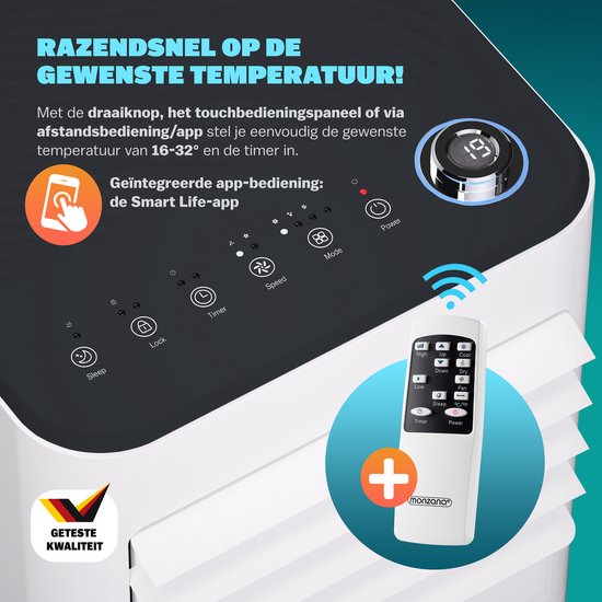 Monzana mobiele airco - 7000 BTU raamkit 20 tot 25m² wifi timer - wit