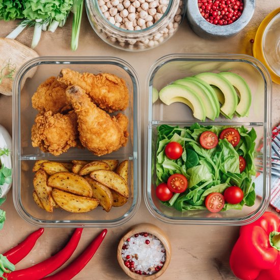 KitchenBrothers Meal Prep Bakjes Set - Met Scheiding - Glazen Vershoudbakjes - Twee Compartimenten - Luchtdicht - BPA Vrij - Diepvriesbakjes - Bewaarbakjes - 5L - Glas - 5 Stuks