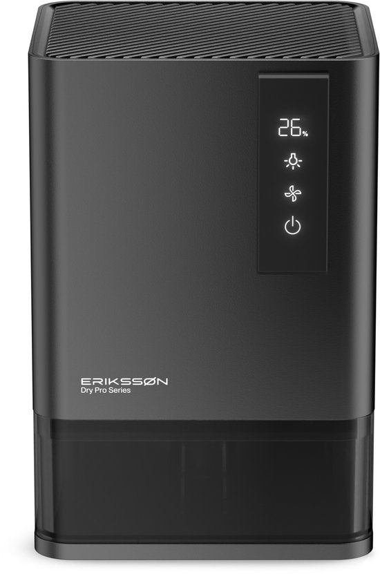 Erikssøn Luchtontvochtiger Dry Pro Series – Ontvochtigt Tot 1,2L/Dag – Zwart – 360° Circulatie & Hygrometer