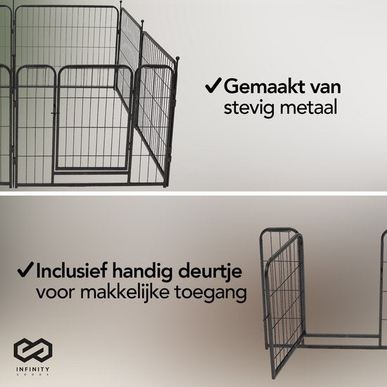 Infinity Goods Hondenren - Puppyren - 8 Panelen - 80 x 80 CM - 640 CM Omtrek - Opvouwbaar - Met Deur - Staal - Zwart