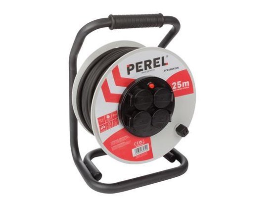 Perel Professionele kabelhaspel, gebruik binnen- en buitenshuis, spatwaterdicht (IP44), 4 stopcontacten met penaarde, anti-twist-systeem, thermische beveiliging, kabellengte 25 m, 3G2.5, grijs/zwart
