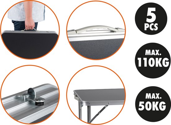 Camp Active Campingtafelset - Campingtafel met 4 Krukjes - Inklapbaar - Lichtgewicht - Compact - Stevig - Grijs
