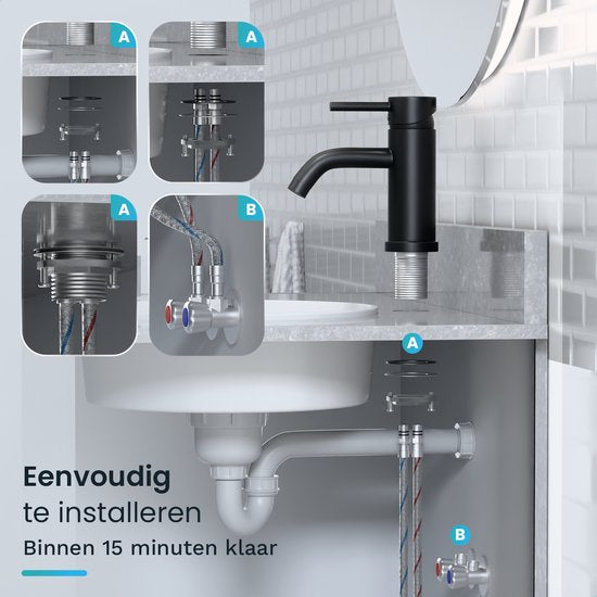 Mirlux Wastafel Kraan Zwart - Was tafel Mengkraan Badkamer - Wastafelkraan - Fonteinkraan / WC Kraan - Kraantje - Koudwaterkraan & Warmwaterkraan - Toiletkraan Koud & Warm Water