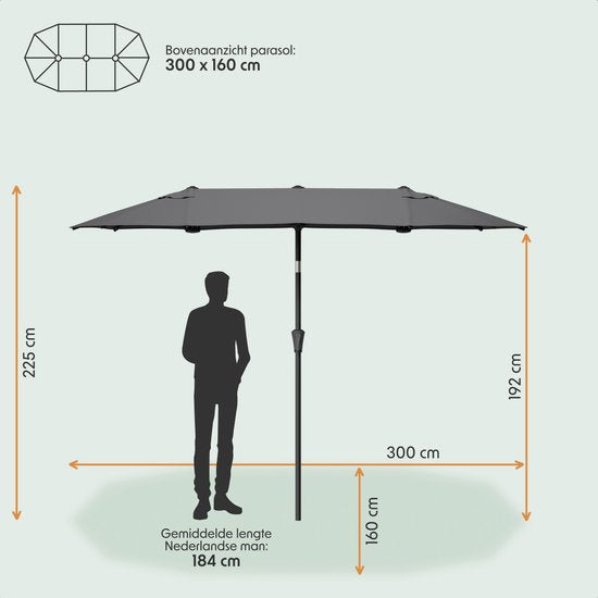 LifeGoods Dubbele Parasol - Tuin - 160x300cm - tot 8 Personen - Waterdicht - UPF50+ - Donkergrijs