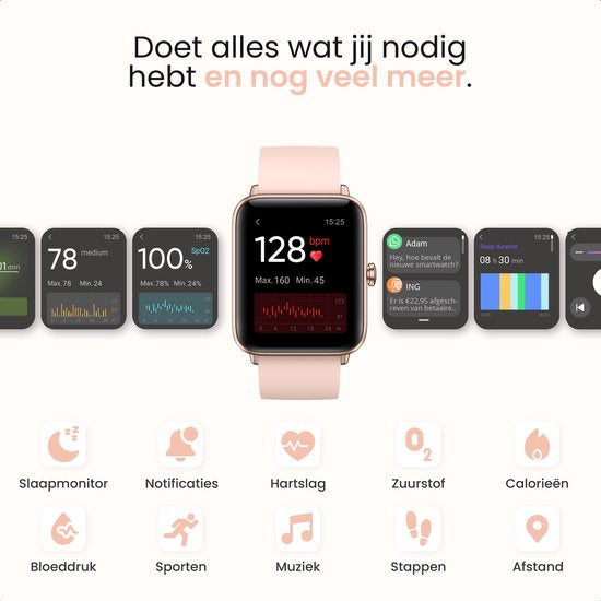 MAOO BOOST Smartwatch – Inclusief Screenprotector – Waterproof – Dames Smartwatch Rosé Goud – Stappenteller, Hartslag & Slaapmonitor – Multisport – Android & iOS – Roze