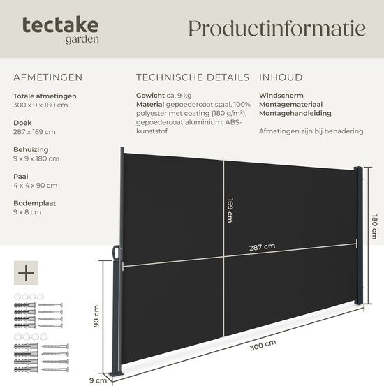 tectake® Uitschuifbaar Windscherm met Oprolmechanisme - 300 x 180 cm - Zijluifel met Aluminium Frame- Zonnescherm - Tuinscherm - Zwart Balkonscherm - Ondoorzichtbaar Privacyscherm - Markiesdoek