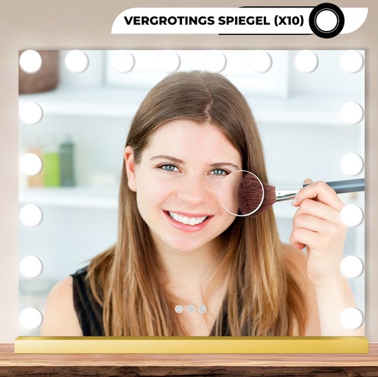 Bayt Hollywood Spiegel met Verlichting - Make Up Spiegel met Verlichting - Spiegel met Verlichting - Hollywood Spiegel 80x60 - Dimbaar - 10x Vergroting - 80x60cm - Goud