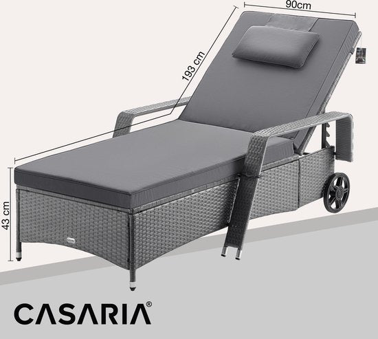 Casaria Polyrattan Ligstoel – Incl. Kussen 160 Kg – Grijs Antraciet