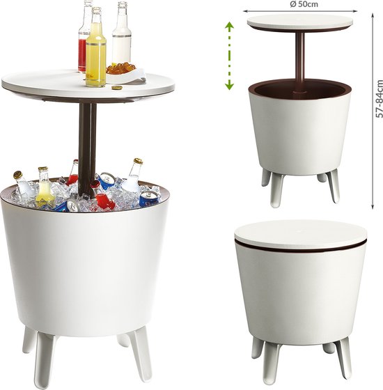 Keter bijzettafel drinkkoeler coolbar cocktailtafel 50x57-85cm 30L wit-bruin