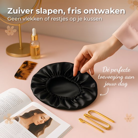 Nuvance Bonnet Satijn - Set van 2 Stuks - Satijnen Slaapmuts Verstelbaar - Satin Bonnet - Unisex - Zwart