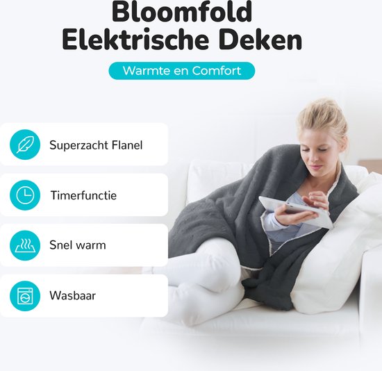 Bloomfold Elektrische Deken - 160 x 130 cm - Wasmachinebestendig - 1 Persoons - 9 Standen - Met Timer - Warmtedeken - Grijs/flannel