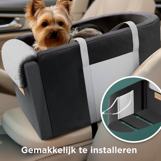 CozySense® Honden Autostoel - Hondenmand Auto met Wasbare Hoes - Voor Kleine Hond - Past in Middenconsole - Ook als Draagtas - Zwart/Grijs