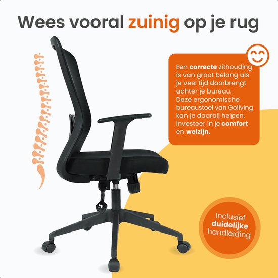 Goliving Ergonomische Bureaustoel - Kantoorstoel - Office Chair - Verstelbaar - Op Wieltjes - Voor Volwassenen - NEN-1335 - Zwart
