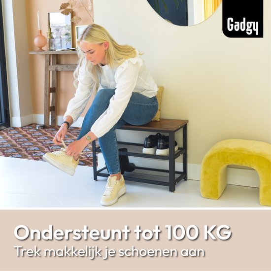 Gadgy Schoenenrek met bankje - 6 tot 9 Paar Schoenen - Schoenenkast bankje - Schoenenbank Industrieel - Handig schoenen opbergen - Bijzettafel Metaal met Hout